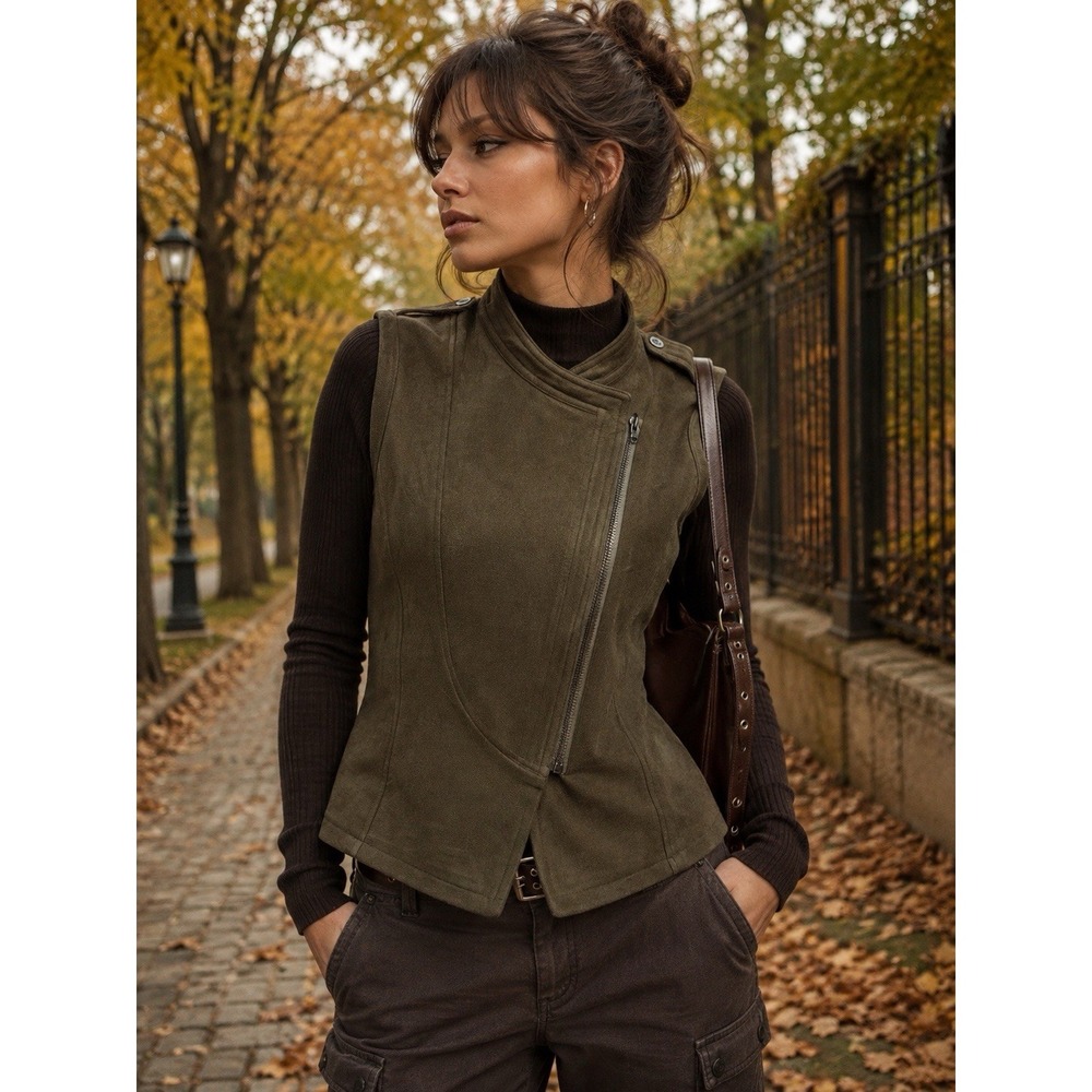 Ethereal Vest Womens S Faux Suede Full Zip Collar Olive Green Fall Moto Biker